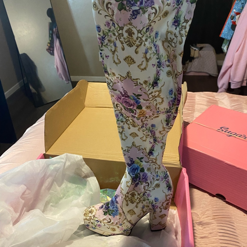 Dolls Kill Cream and Purple Over the Knee Boots